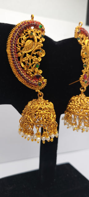 Antique Gold Traditional Peacock Design Jhumka Earrings