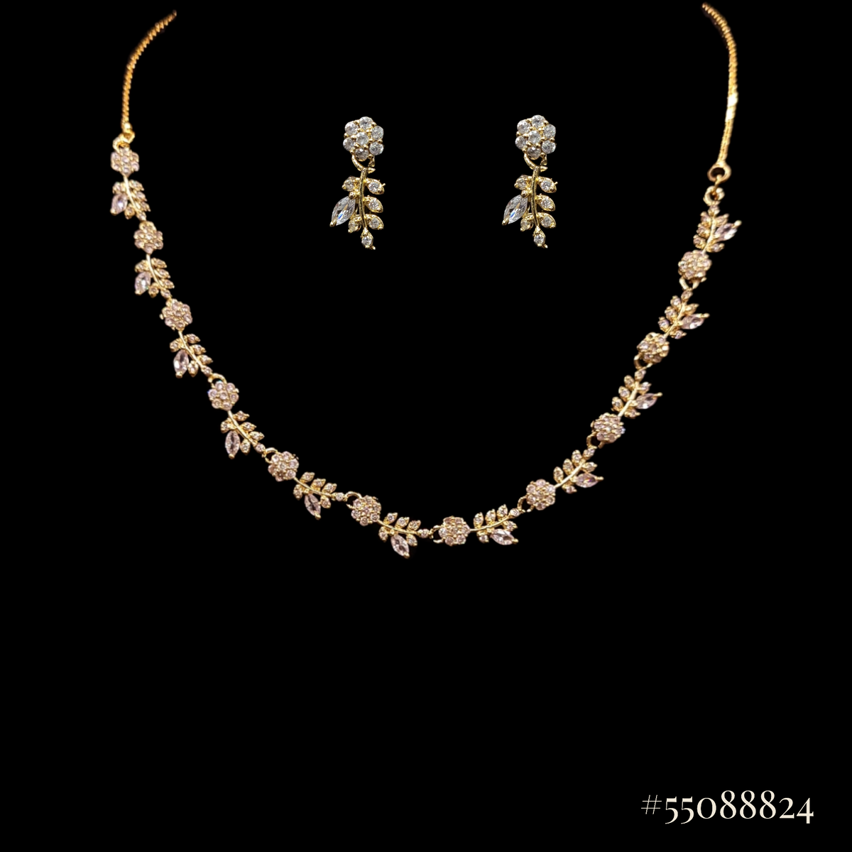 PRECIOUS FLOWER DIAMOND GOLD TONE NECKLACE WITH EARRINGS SET