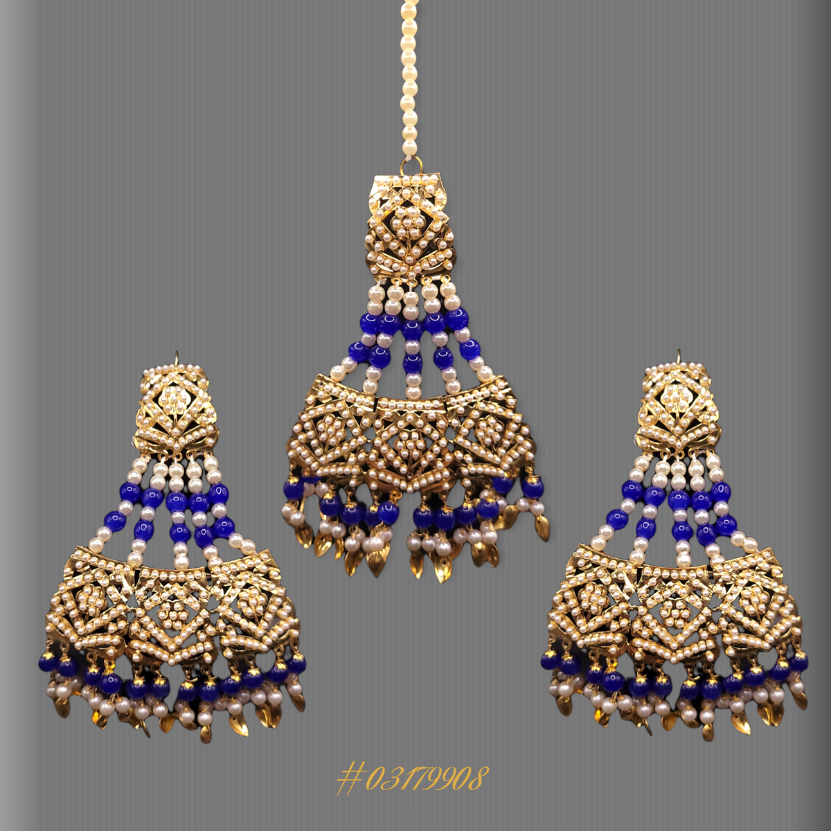 STUNNING EARRINGS WITH MAANG TIKKA (HEAD PIECE), IN BLUE, PEARL & GOLD TONE