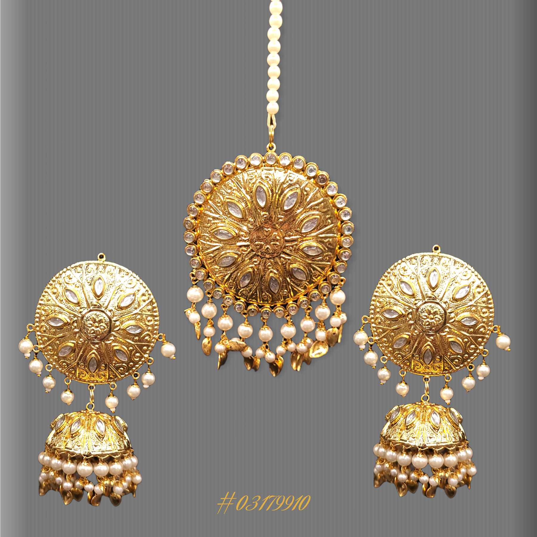 STUNNING EARRINGS WITH MAANG TIKKA (HEAD PIECE), IN WHITE & GOLD TONE