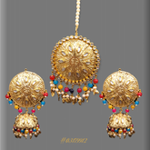 STUNNING COLORFUL EARRINGS WITH MAANG TIKKA (HEAD PIECE) GOLD METAL