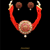 DESIGNER BEADED RED NECKLACE WITH KUNDAN EARRINGS & GOLD TOUCHES