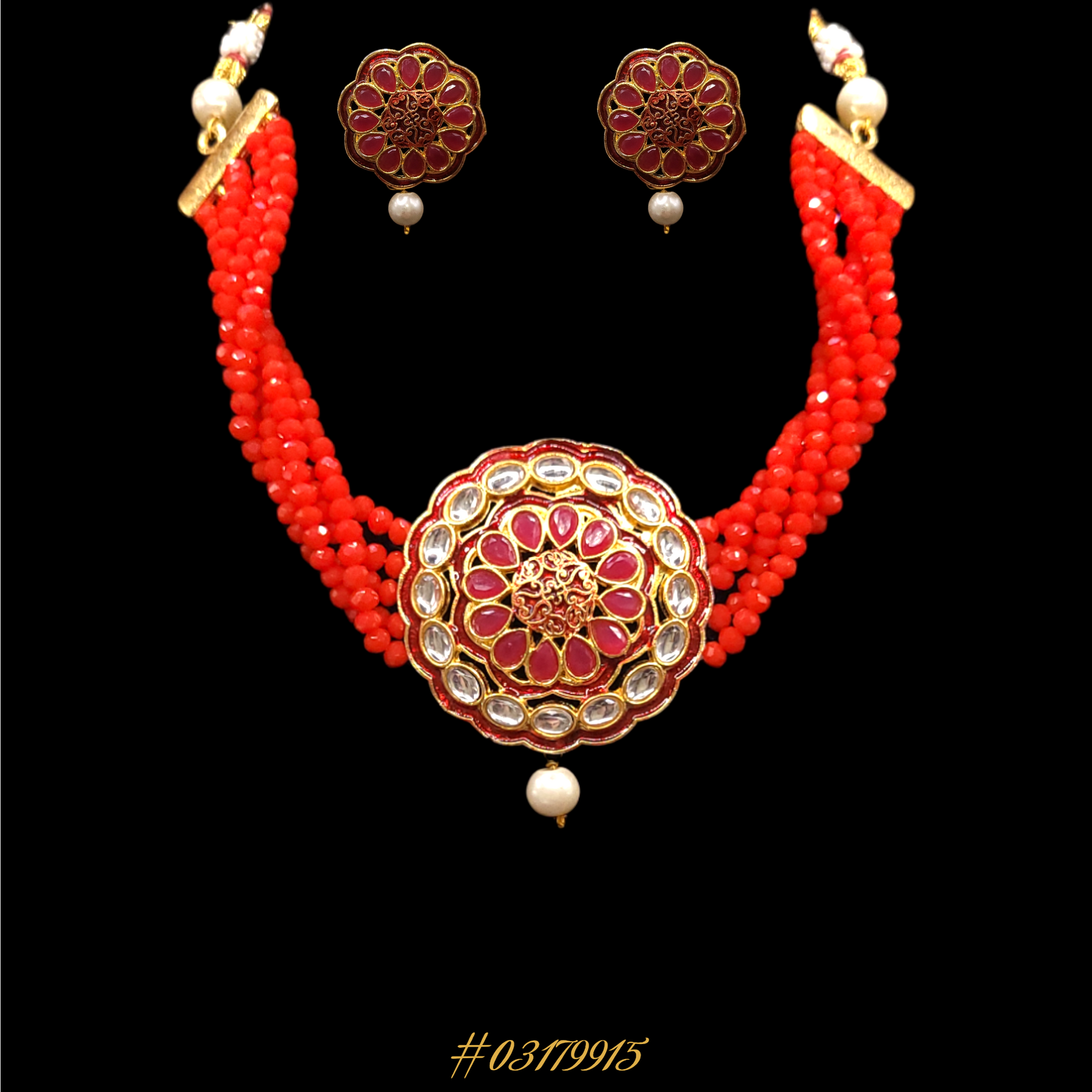 DESIGNER BEADED RED NECKLACE WITH KUNDAN EARRINGS & GOLD TOUCHES