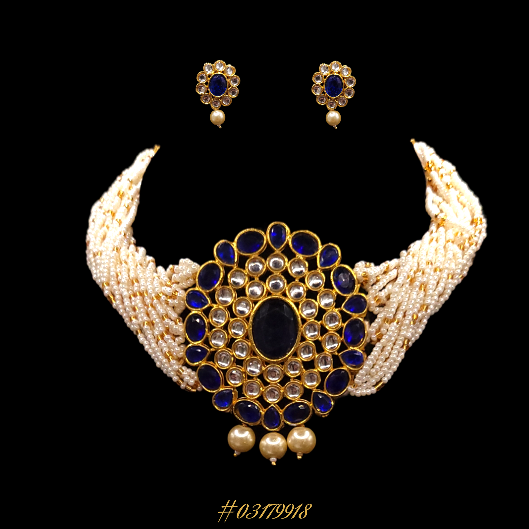 DESIGNER BEADED PEARL NECKLACE, NAVY BLUE STONES WITH KUNDAN EARRINGS & GOLD TOUCHES
