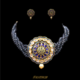 DESIGNER BEADED NAVY BLUE NECKLACE WITH KUNDAN EARRINGS & GOLD TOUCHES