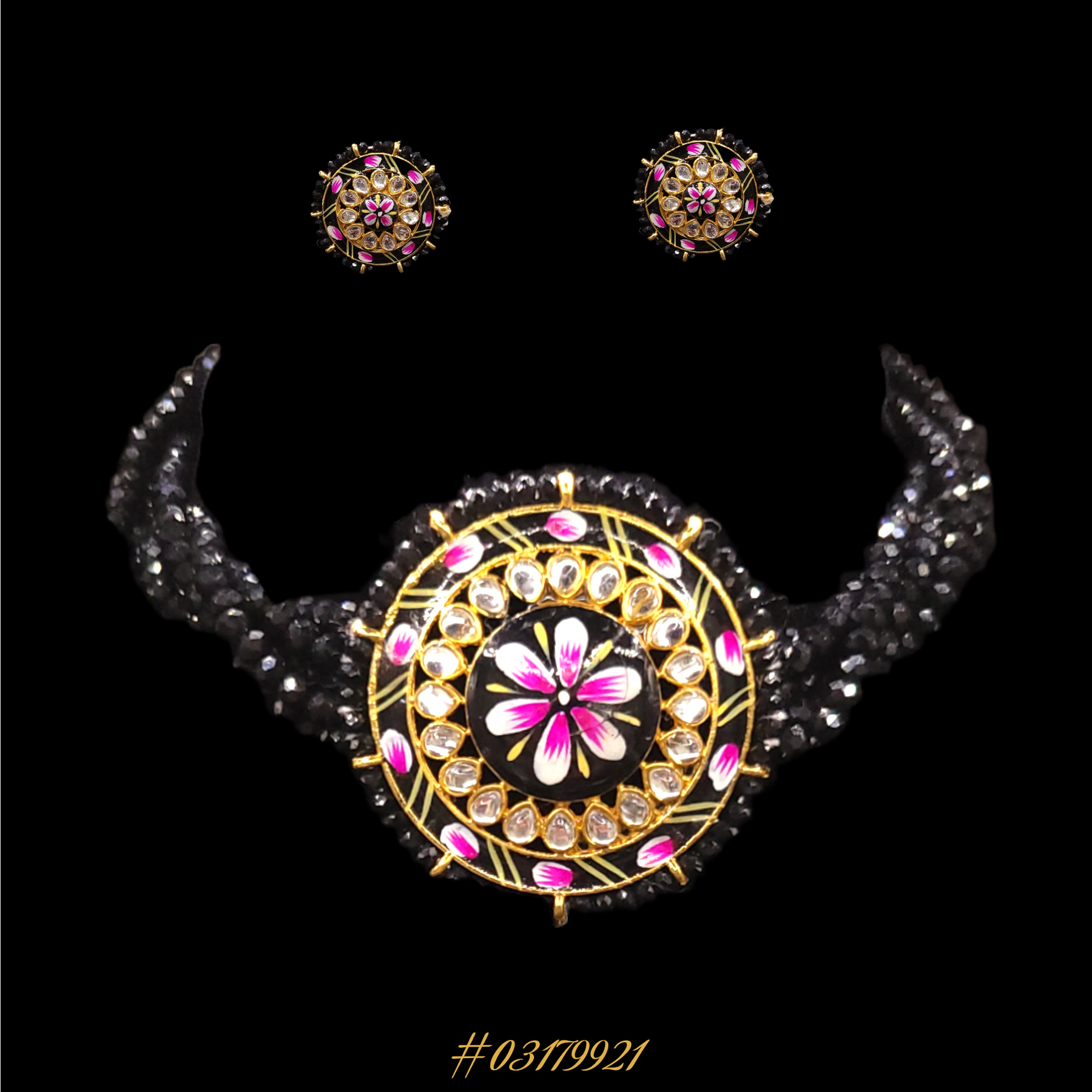 DESIGNER BEADED BLACK, PINK & GOLD NECKLACE WITH KUNDAN EARRINGS