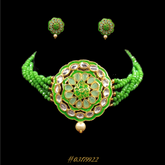 DESIGNER BEADED GREEN & GOLD NECKLACE WITH KUNDAN EARRINGS