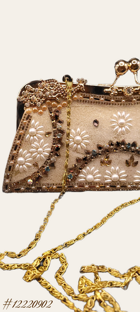 INNOVATIVE CLUTCH IN GOLD COLOR WITH FLORAR PEALRS DESIGN & COLORFUL STONES