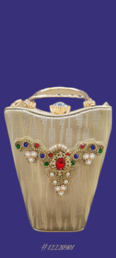 DESIGNER BASKET STYLE CLUTCH WITH PEARLS & STONES IN RED, BLUE AND GREEN COLOR