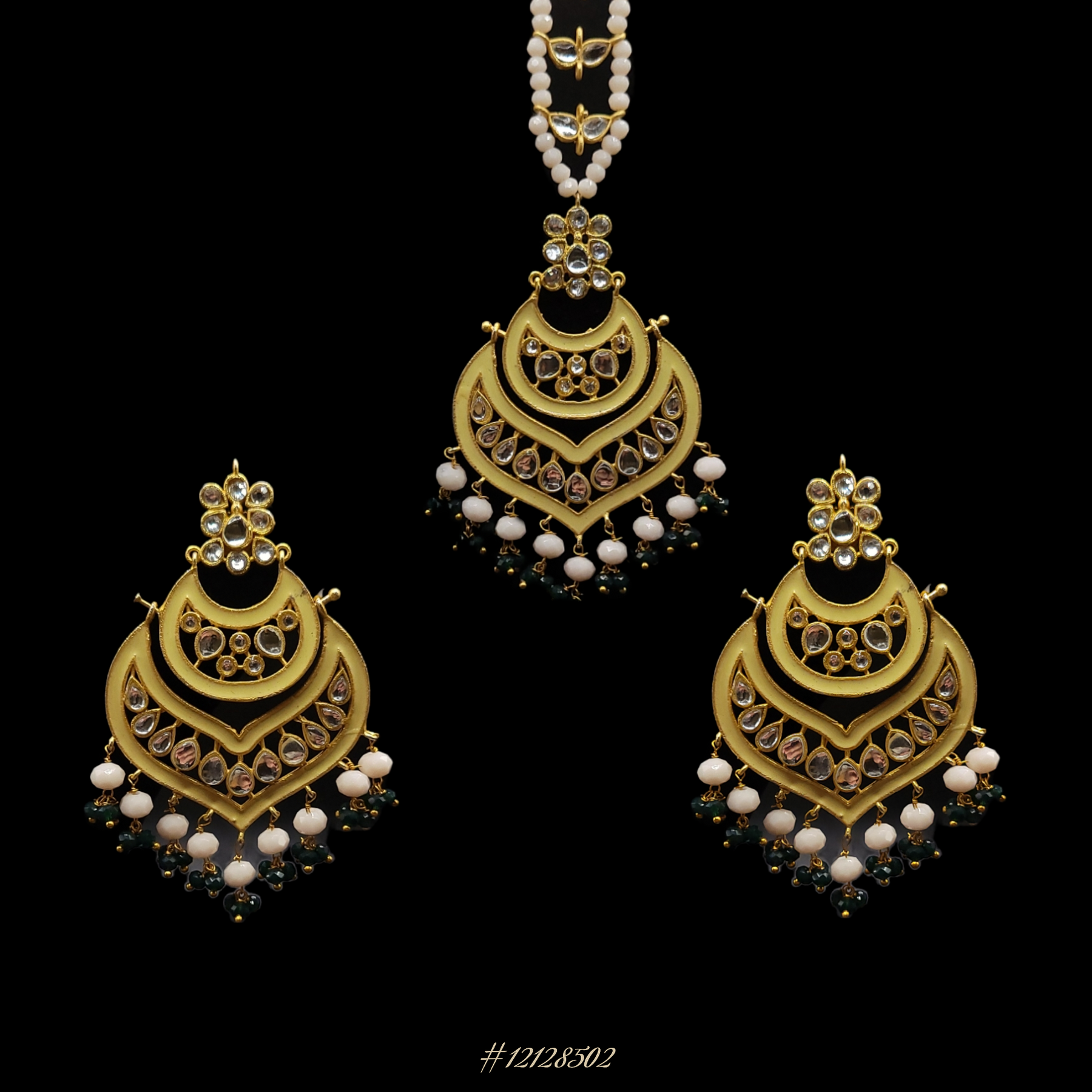 ELEGANT EARRINGS WITH MAANG TIKKA (HEAD PIECE) IN GOLD/YELLOW AND GREEN