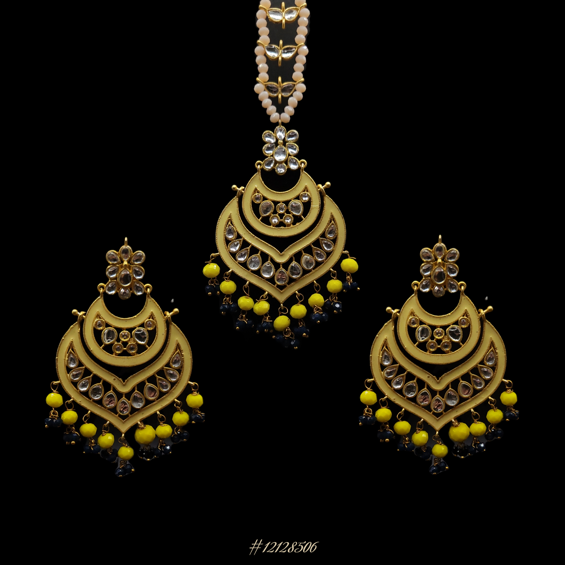 ELEGANT EARRINGS WITH MAANG TIKKA (HEAD PIECE) IN GOLD/YELLOW AND NAVY BLUE