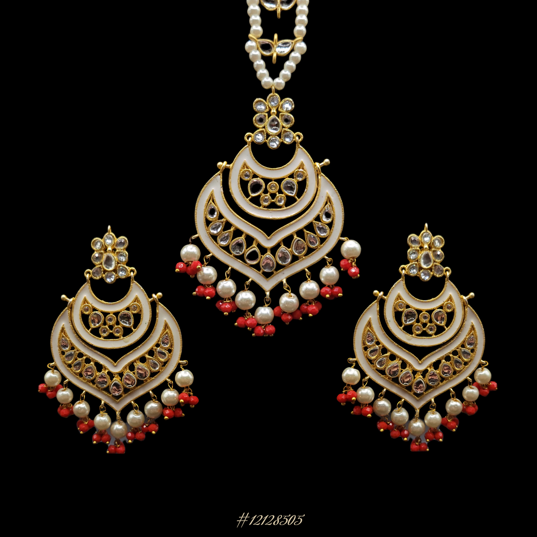 ELEGANT EARRINGS WITH MAANG TIKKA (HEAD PIECE) IN GOLD/WHITE & RED TONE