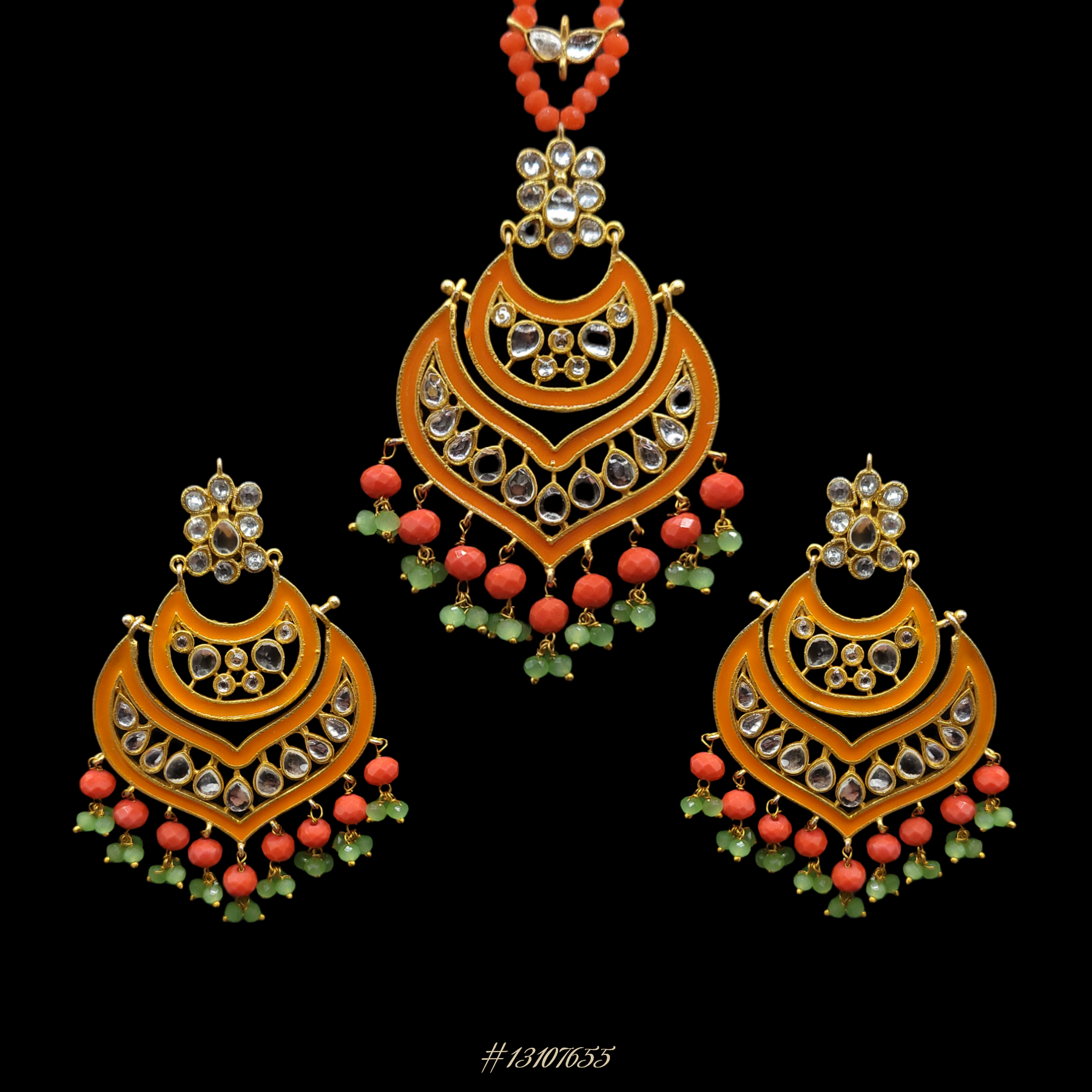 ELEGANT EARRINGS WITH MAANG TIKKA (HEAD PIECE) IN ORANGE, GREEN AND GOLD COLOR