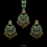 ELEGANT EARRINGS WITH MAANG TIKKA (HEAD PIECE) IN GREEN, RED & GOLD COLOR