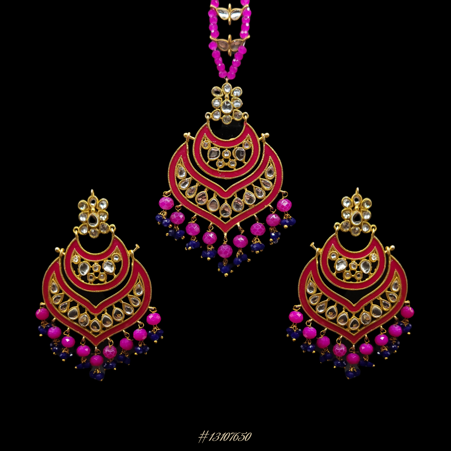 ELEGANT EARRINGS WITH MAANG TIKKA (HEAD PIECE) IN PINK, NAVY-BLUE, RED & GOLD COLOR