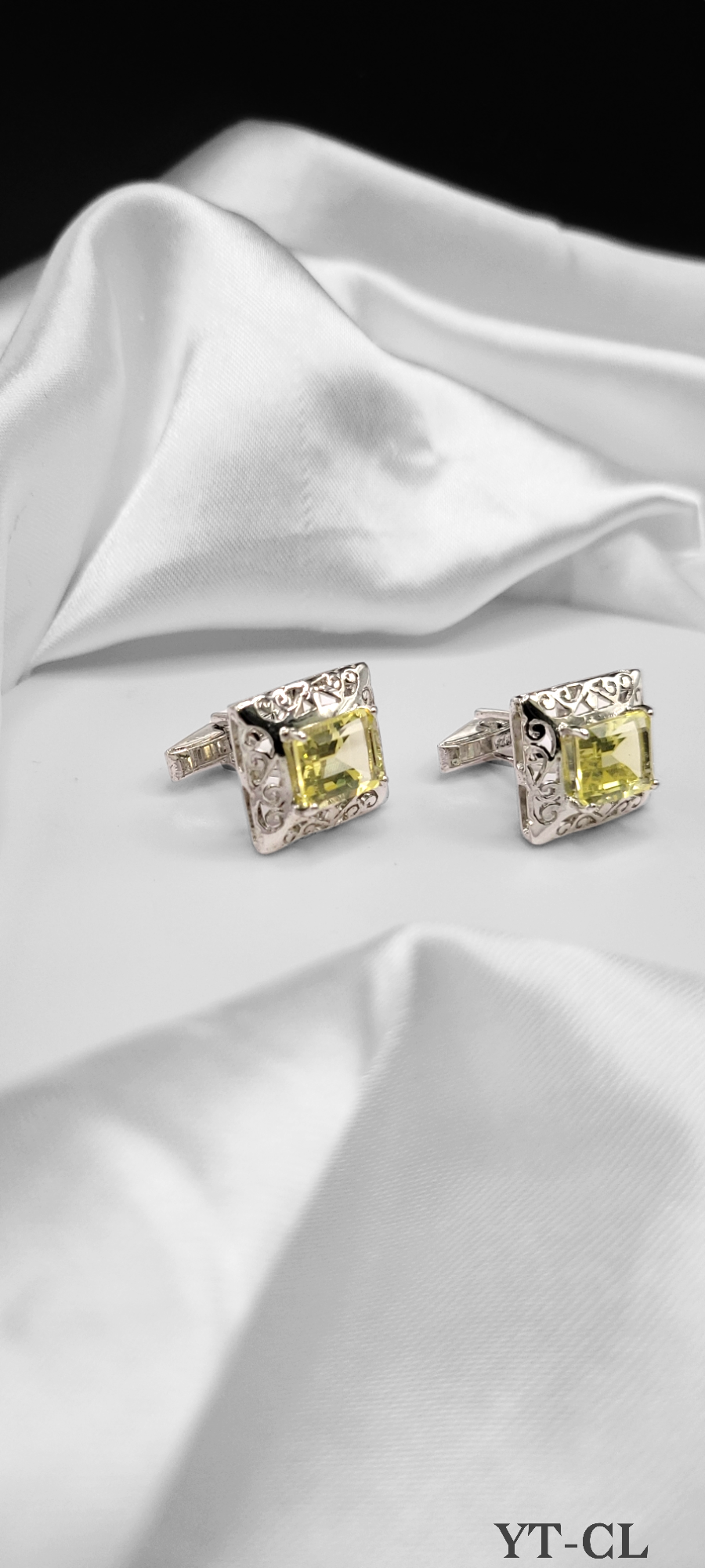 YELLOW TOPAZ CUFF LINKS ON STERLING SILVER WITH INTRICATE BORDER DESIGN. ONE OF A KIND. BEST KNOWN TO BRING ABUNDANCE AND PROSPERITY TO ITS WEAR.