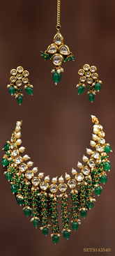 ADORABLE & ELEGANT 4 PIECE SET IN GOLD, GREEN & PEARLS COLOR (BEADED NECKLACE, EARRINGS & HEAD PIECE)
