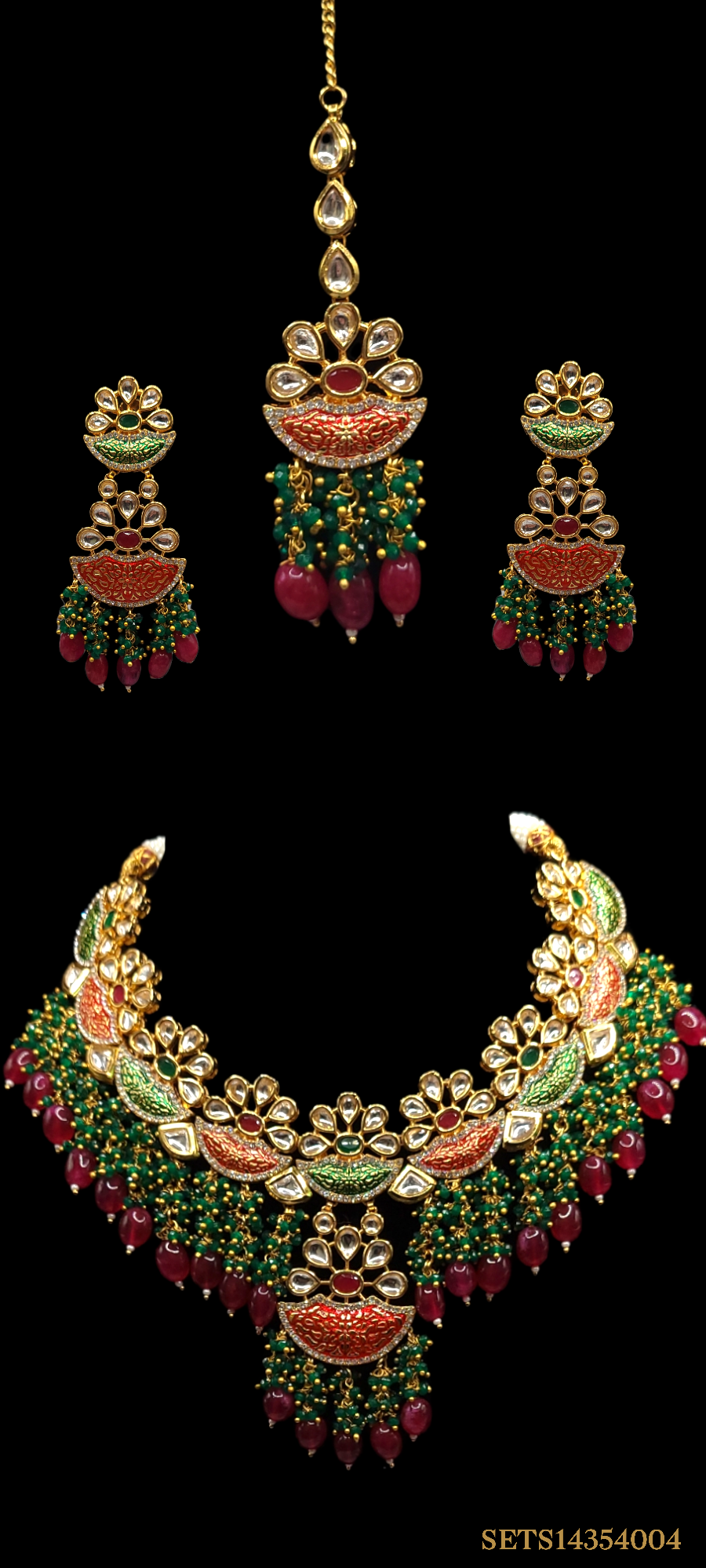 ADORABLE & ELEGANT 4 PIECE SET IN GOLD, GREEN, RED BEADS COLOR (BEADED NECKLACE, EARRINGS & HEAD PIECE)
