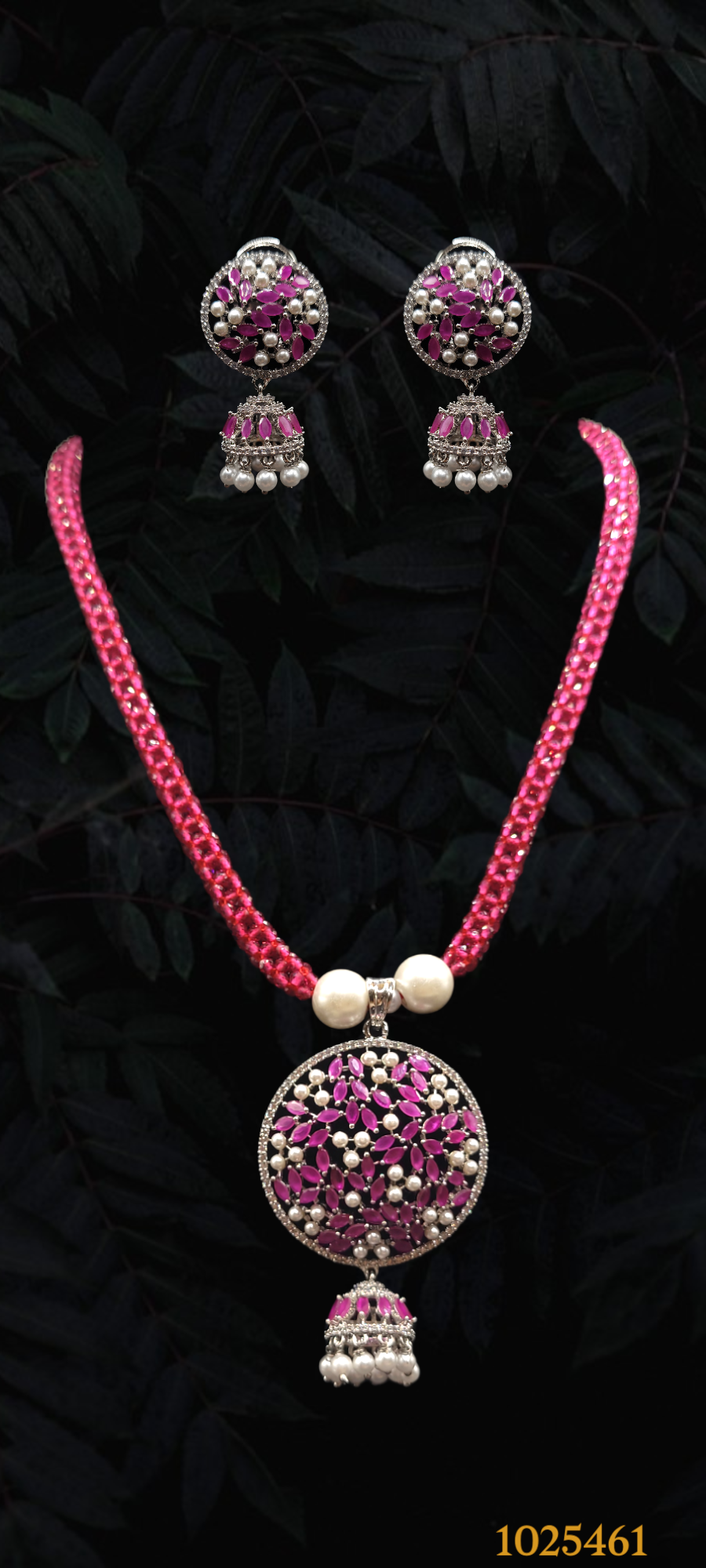 Designer Long Necklace Set With Pearls & Diamonds